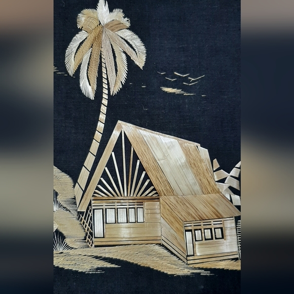 Vintage Asian Folk Art Pressed Bamboo Leaf Black Silk Set of 2 15 3/4" x 11 3/4" - Picture 5 of 6